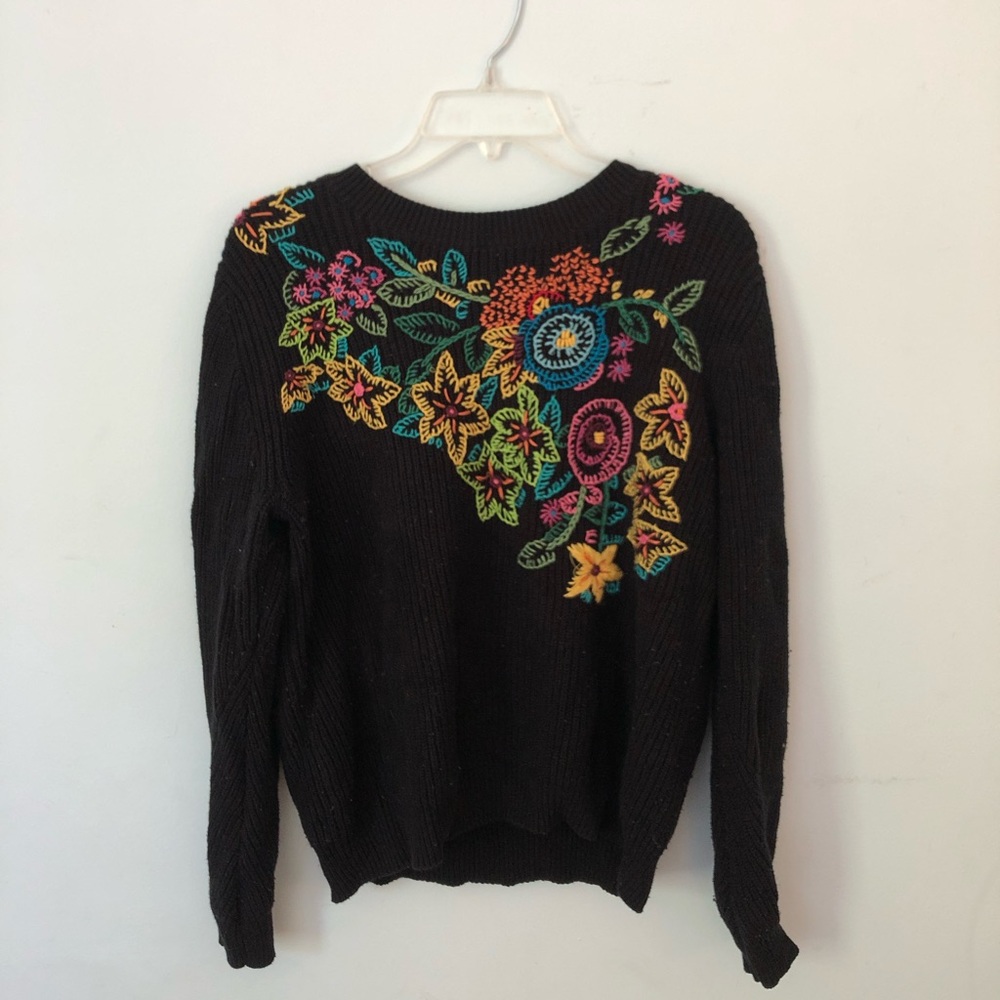 embroidered flower pattern black sweater